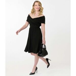 Unique Vintage‎ Black Ruched Twist Front Cap Sleeve Midi Dress XL 14